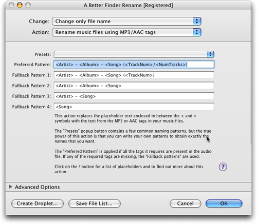 The "Preferred Pattern:" input box contains the pattern to which the mp3 files will be renamed.